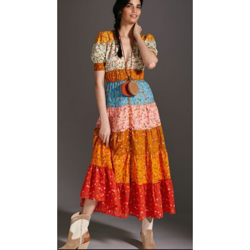 Anthropologie Tiered & True Multicolor Floral Colorblock V Neck Maxi Dress Xxs